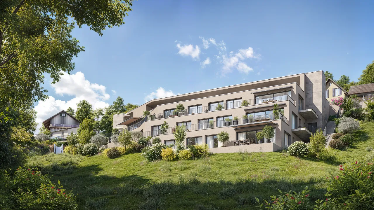 Rendering of a hillside apartment building with stepped terraces on a sunny meadow