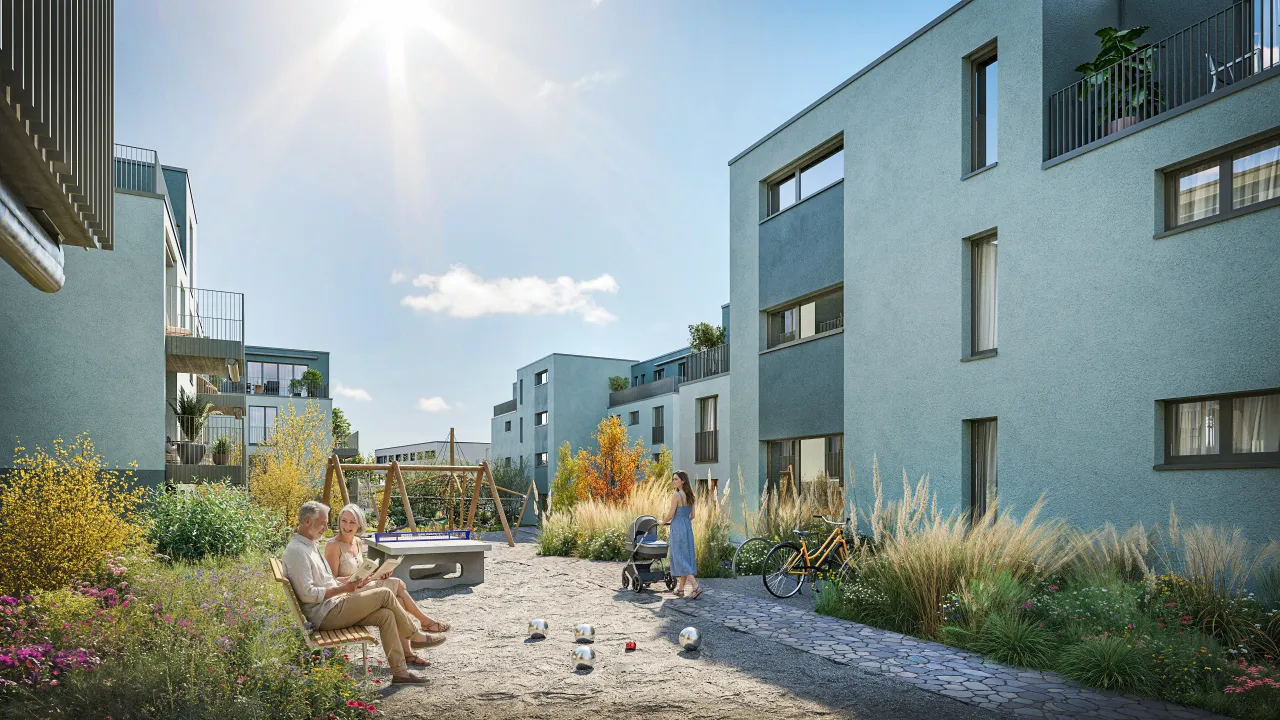 Exterior rendering of a sunlit residential courtyard with teal-grey apartment blocks, wild planting, a playground and seniors on a bench