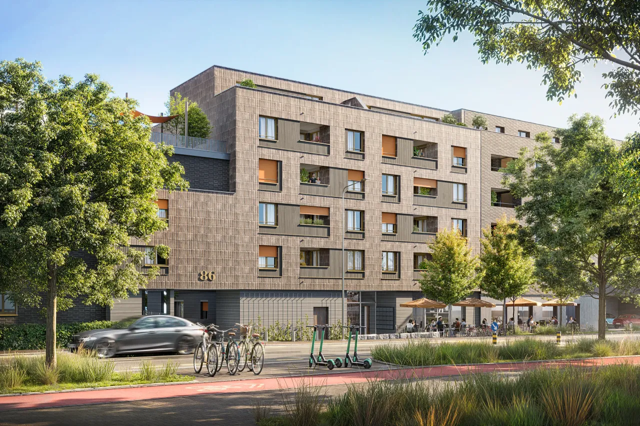 Exterior rendering of a mixed-use apartment block with brown cladding on a street with cycle lane, cyclists, cafe tables and mature trees