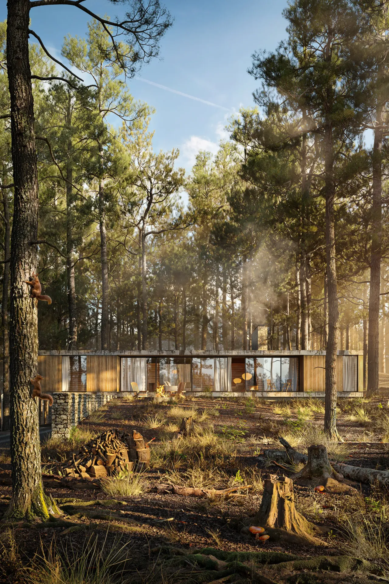 Exterior rendering of a slim glass pavilion among tall pine trees in a forest clearing, lit by low golden sunlight