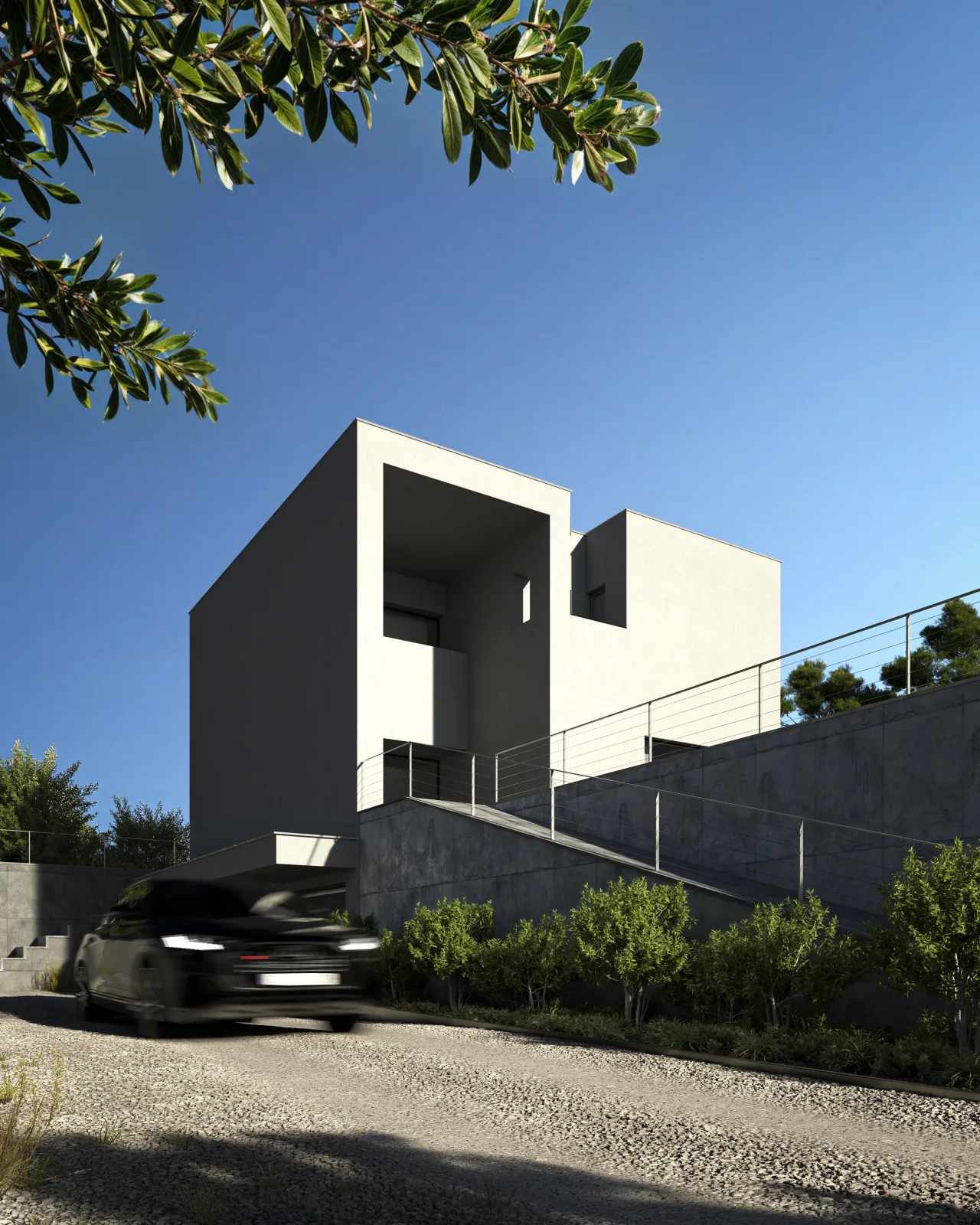 Exterior rendering of a modern white and dark concrete house with cubic volumes and a car on the gravel driveway, against blue sky