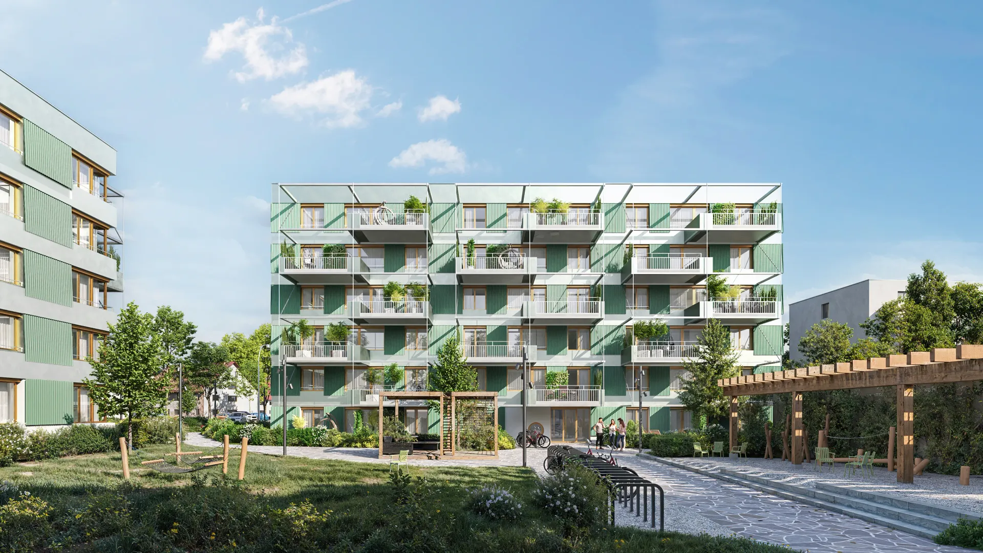 Exterior rendering of a five-storey apartment building with green balcony screens and plants, a landscaped courtyard and pergola path