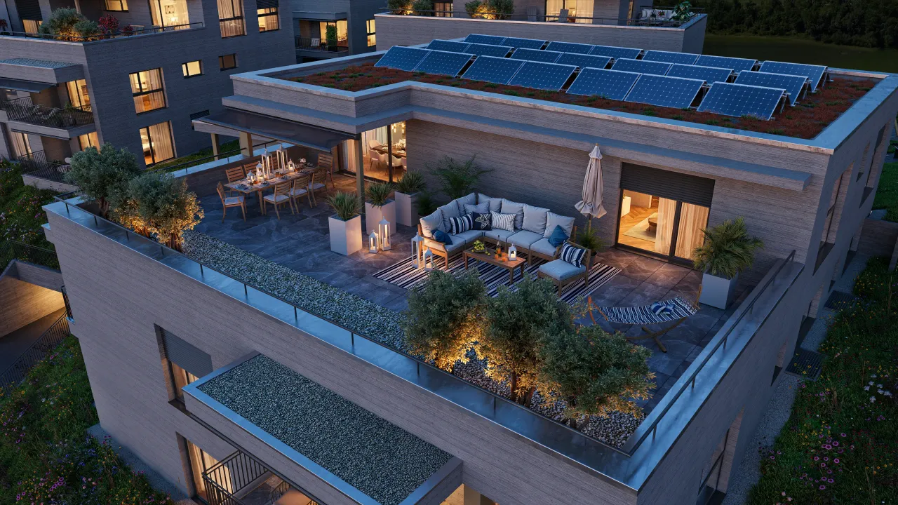 Aerial rendering of a rooftop terrace with solar panels, lounge furniture, umbrella and warm glowing windows at dusk