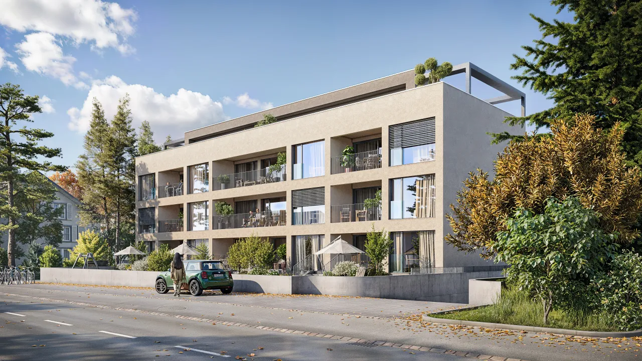 Exterior rendering of a three-storey apartment building with light stone facade and large balconies beside a street, with trees and a parked car