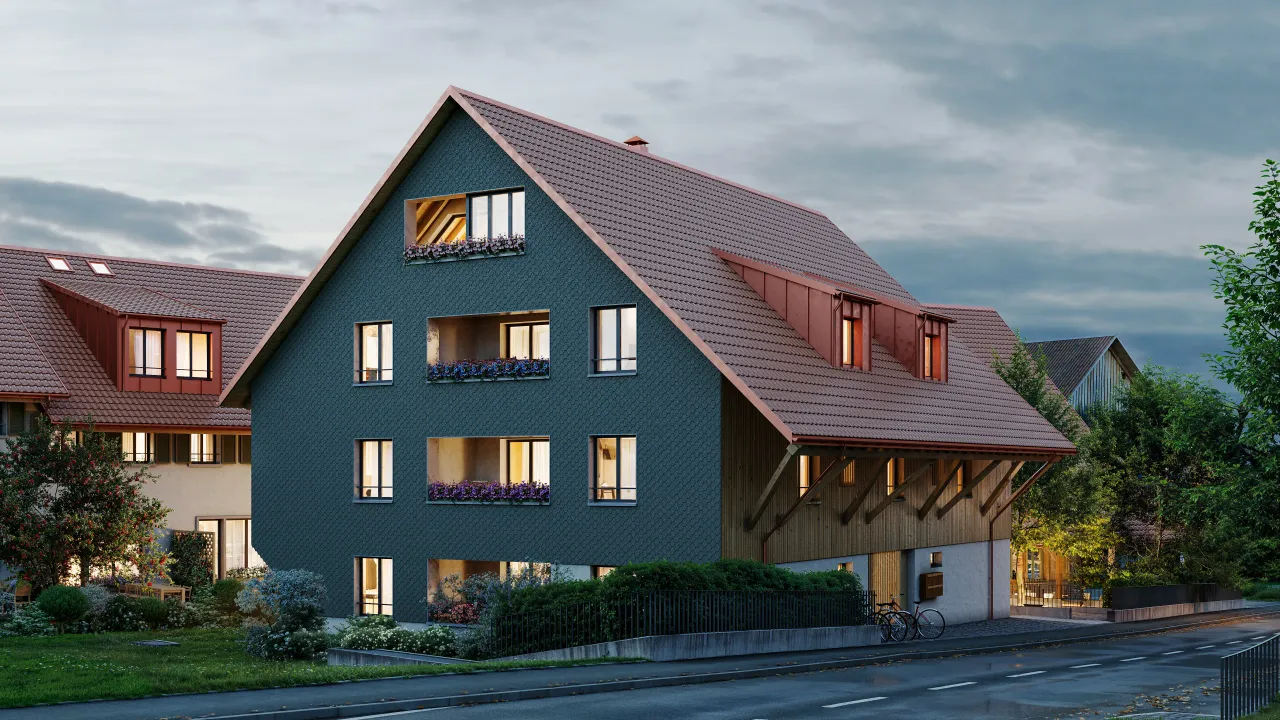Exterior rendering of a gabled house with dark slate facade, red tile roof, copper dormers and timber balconies at dusk