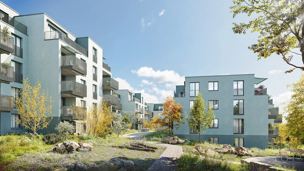 Exterior rendering of pale blue apartment blocks around a natural garden with rocks, wild grasses and a gravel path under a blue sky