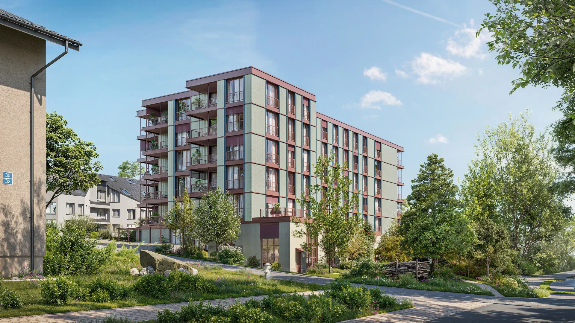 Exterior rendering of a long multi-storey apartment building with red-framed balconies on a hillside surrounded by trees and meadow