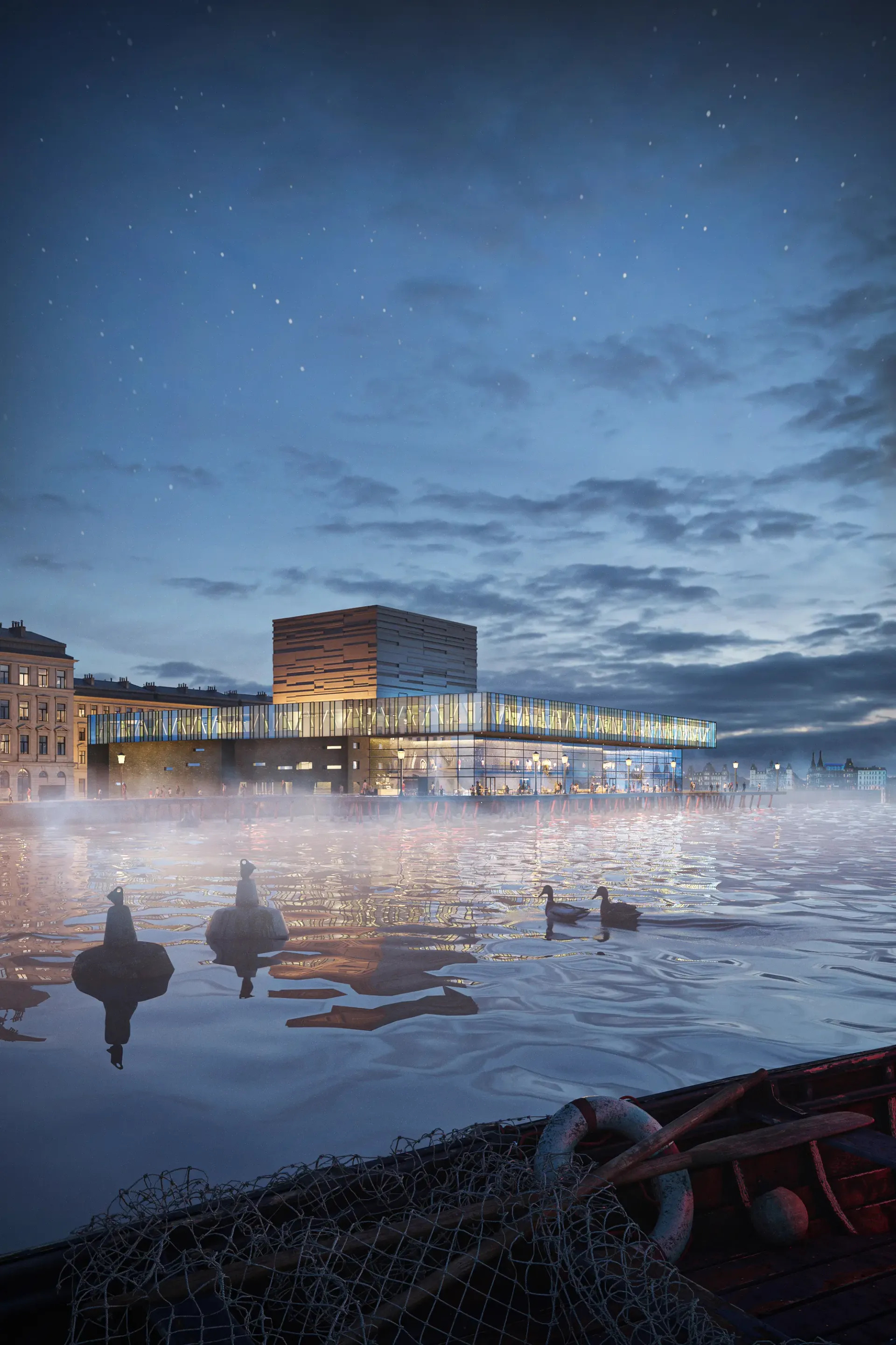 Exterior rendering of a lakeside cultural building at night with misty water, ducks and a boat in the foreground