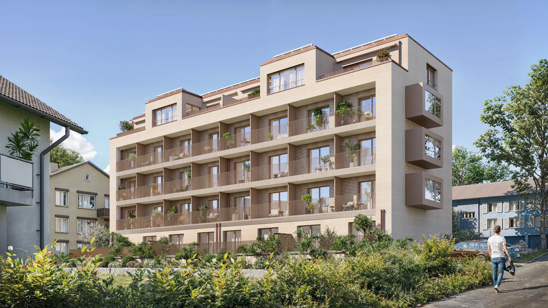 Exterior rendering of a beige four-storey apartment building with long balconies and a stepped top floor behind lush planting