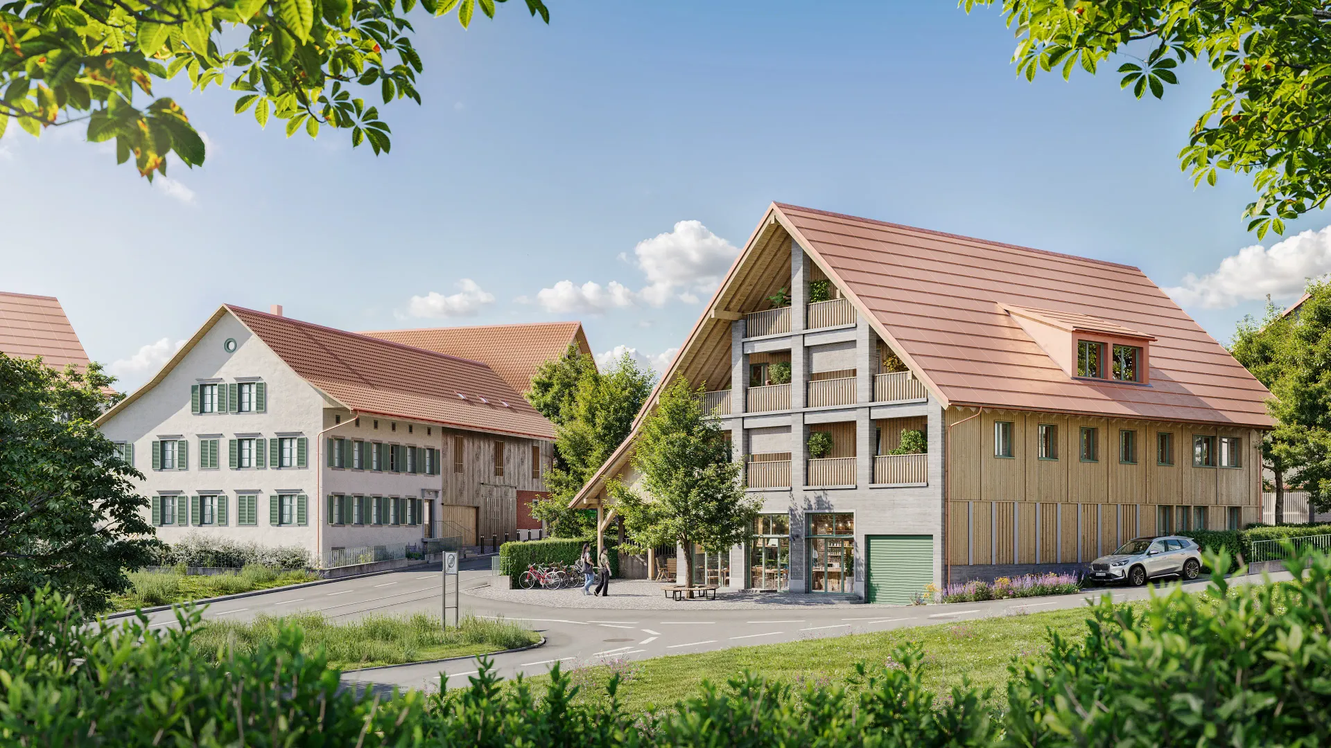 Exterior rendering of a new timber-framed gabled house with red tile roof next to an older shuttered farmhouse, on a green lawn