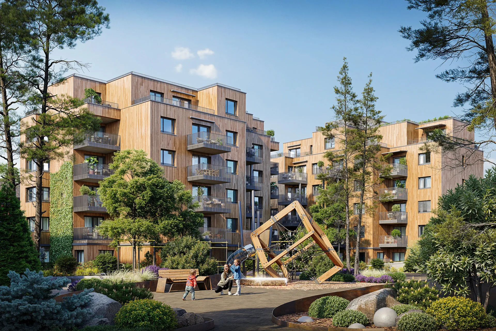 Exterior rendering of timber-clad apartment buildings with balconies around a courtyard with a sculptural wooden frame, trees and people