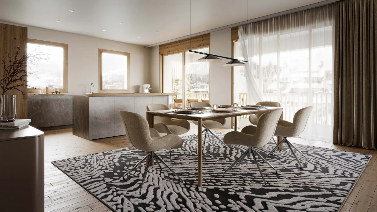 Interior rendering of an open-plan kitchen and dining area with a patterned rug and mountain views