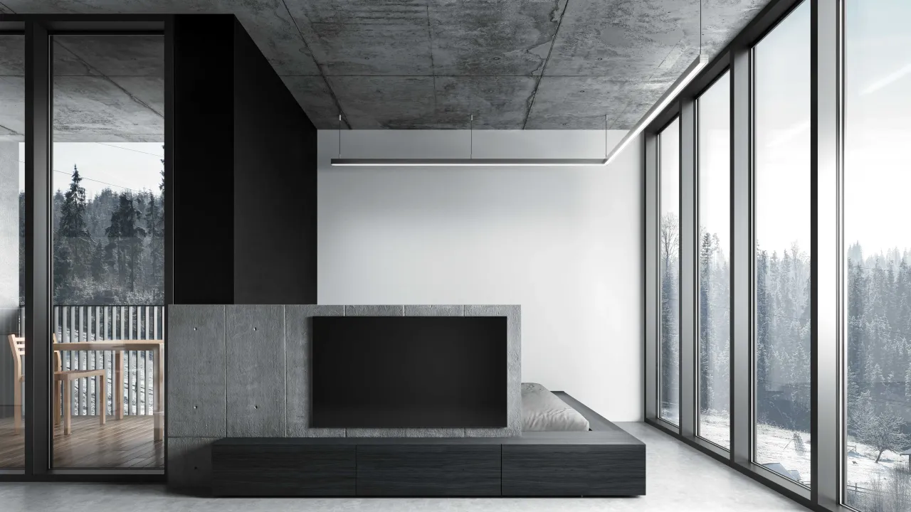 Interior rendering of a minimalist living room with exposed concrete ceiling and floor-to-ceiling glazing