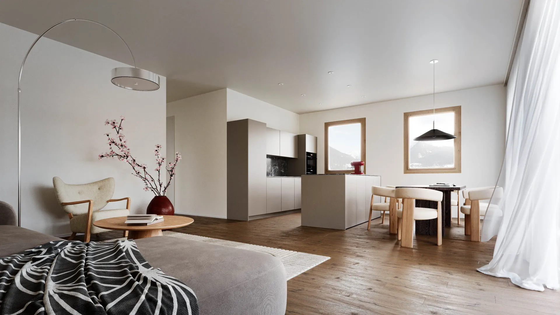 Interior rendering of a bright living and dining space with oak floor and wooden window frames