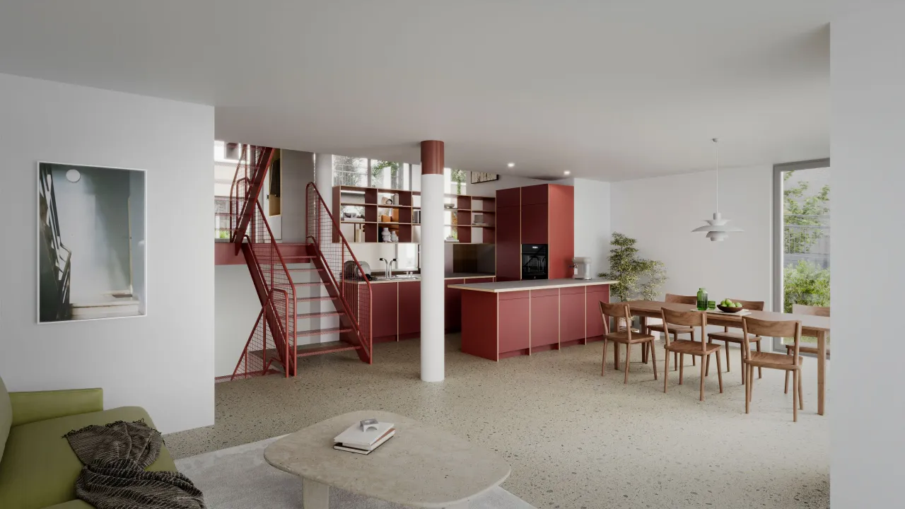 Interior rendering of a loft with a red steel staircase, red kitchen and terrazzo floor