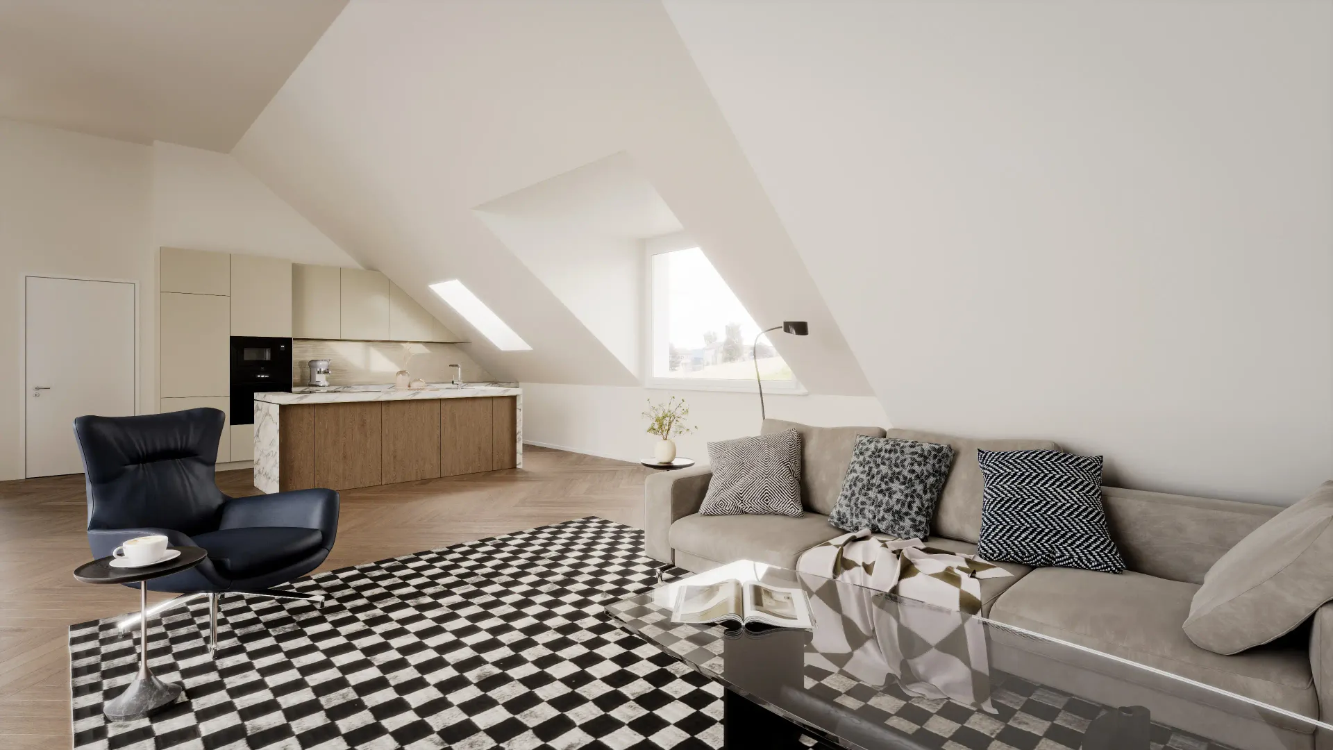 Interior rendering of an attic living room with skylights, black lounge chair, grey sofa, checkered rug and open kitchen island