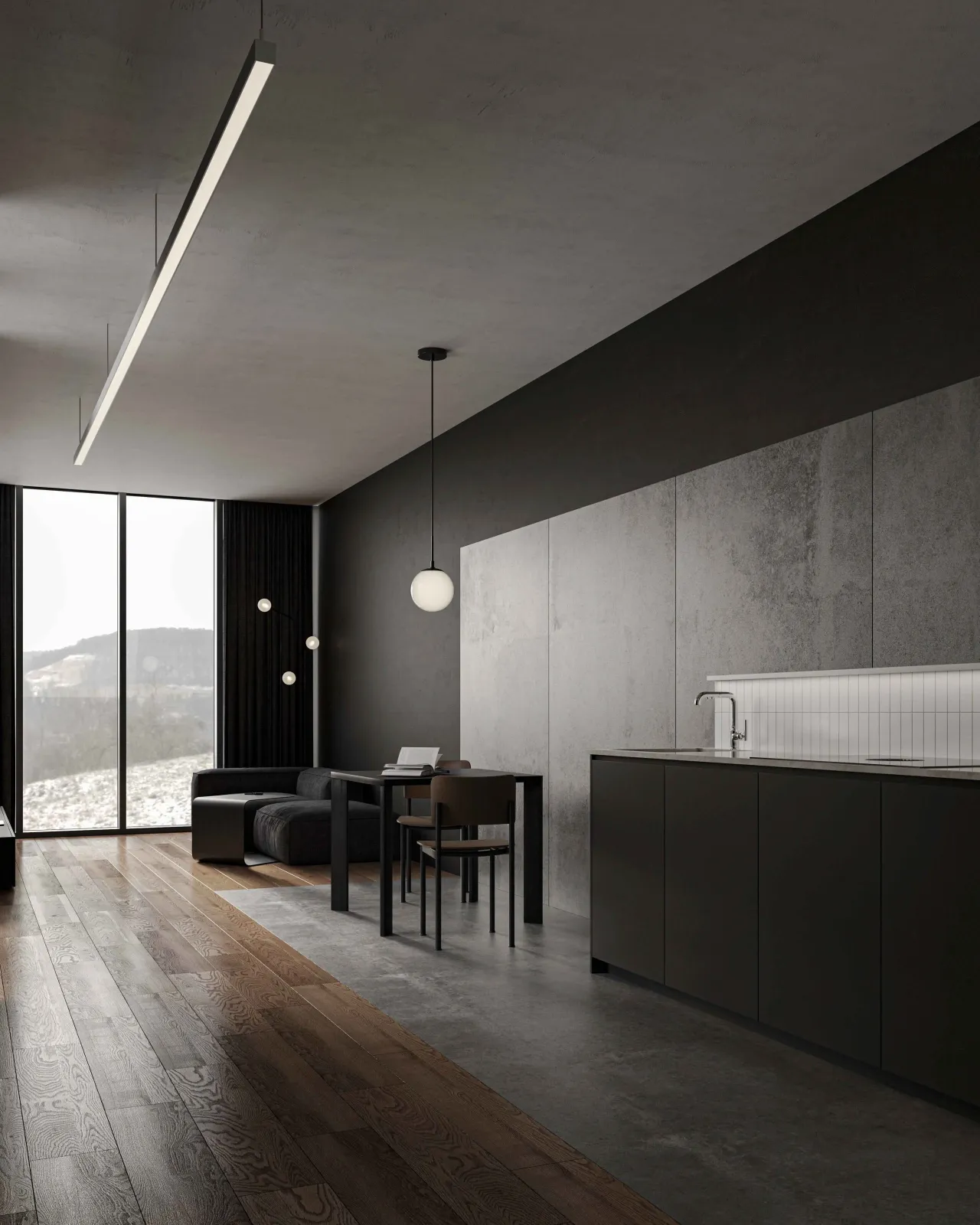Interior rendering of a dark moody kitchen and dining area with black cabinetry, linear light, pendant lamp and floor-to-ceiling window