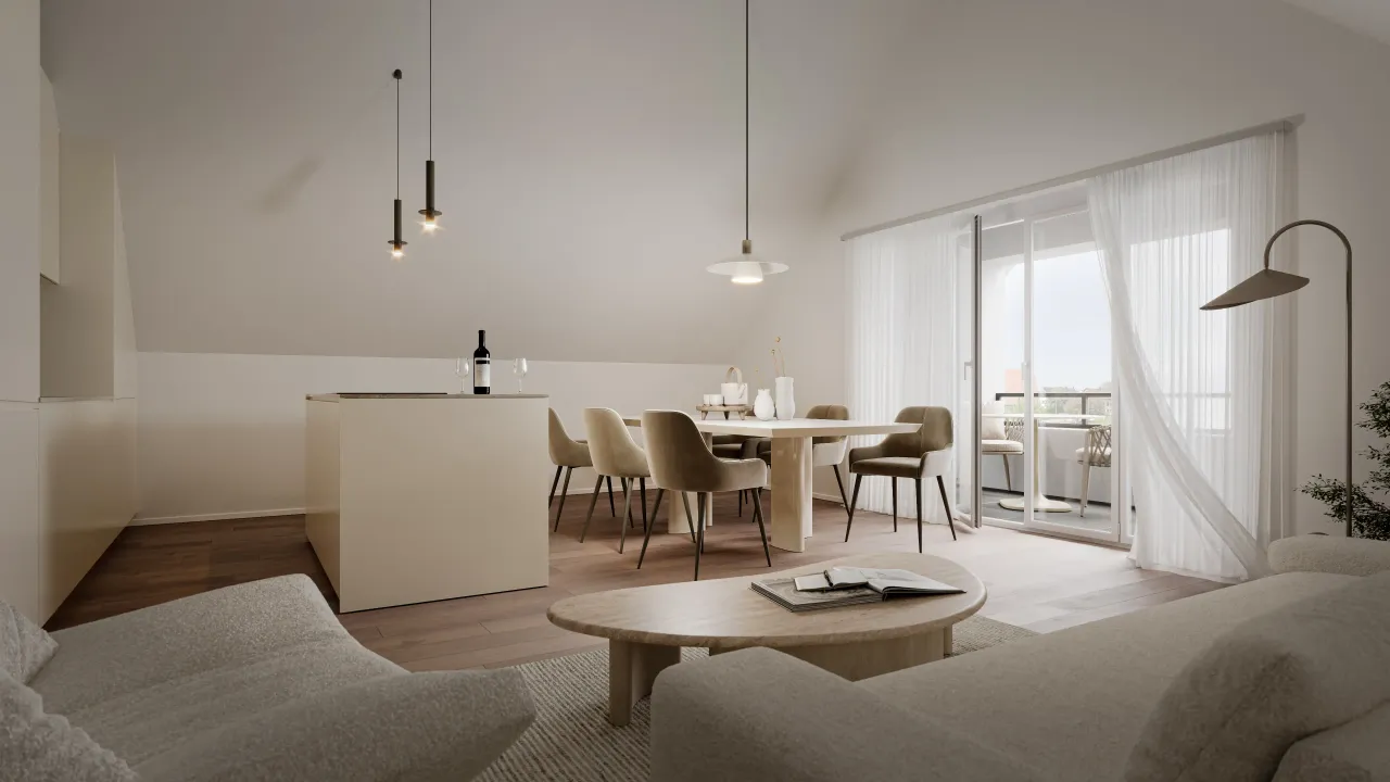 Interior rendering of a bright attic apartment with kitchen island, round dining table, sheer curtains, floor lamp and balcony door
