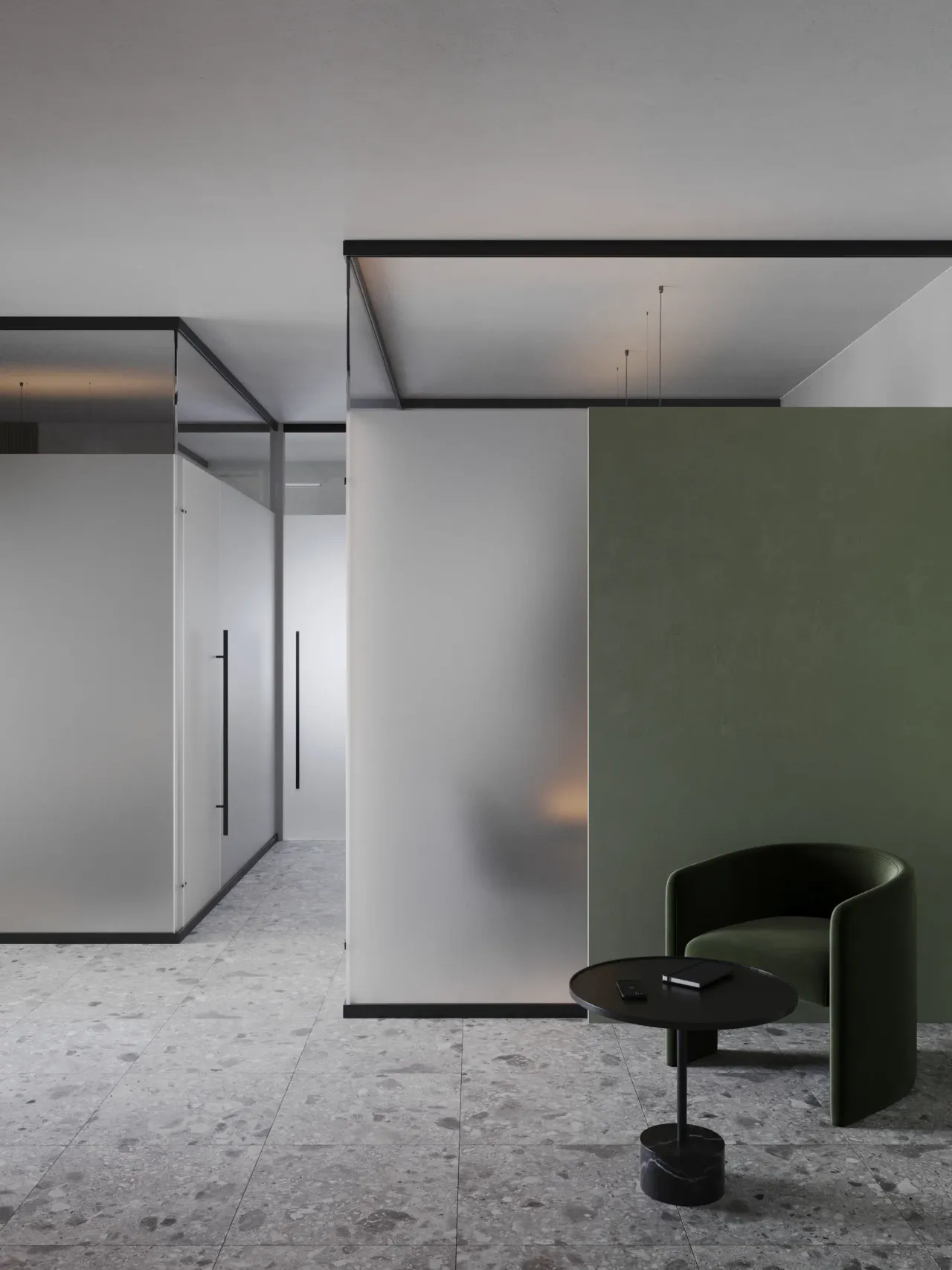 Interior rendering of an office lounge with glass partitions, a green wall panel, dark green armchair and terrazzo floor