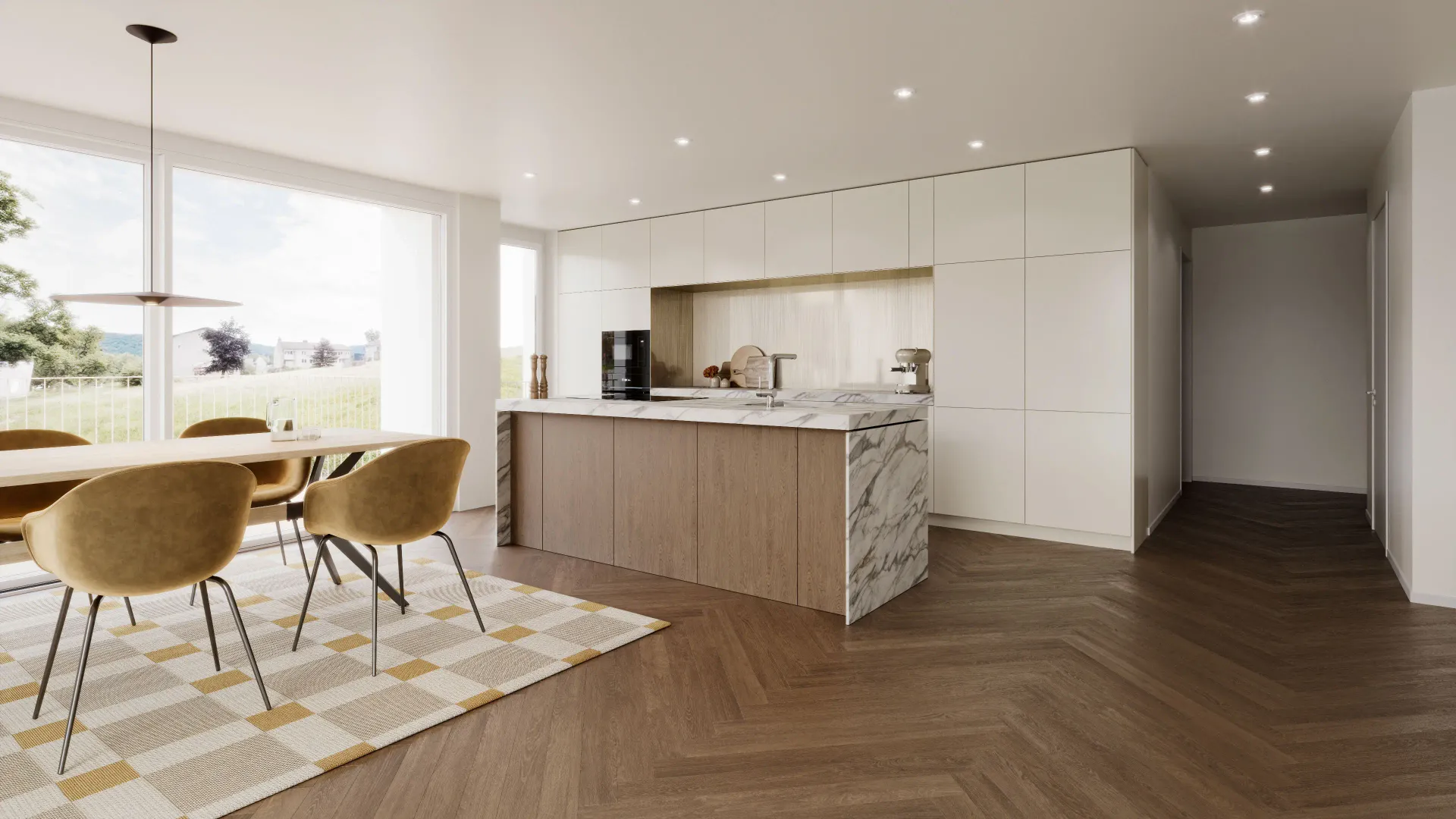 Interior rendering of an open kitchen and dining room with marble-sided island, ochre chairs, herringbone parquet and large windows
