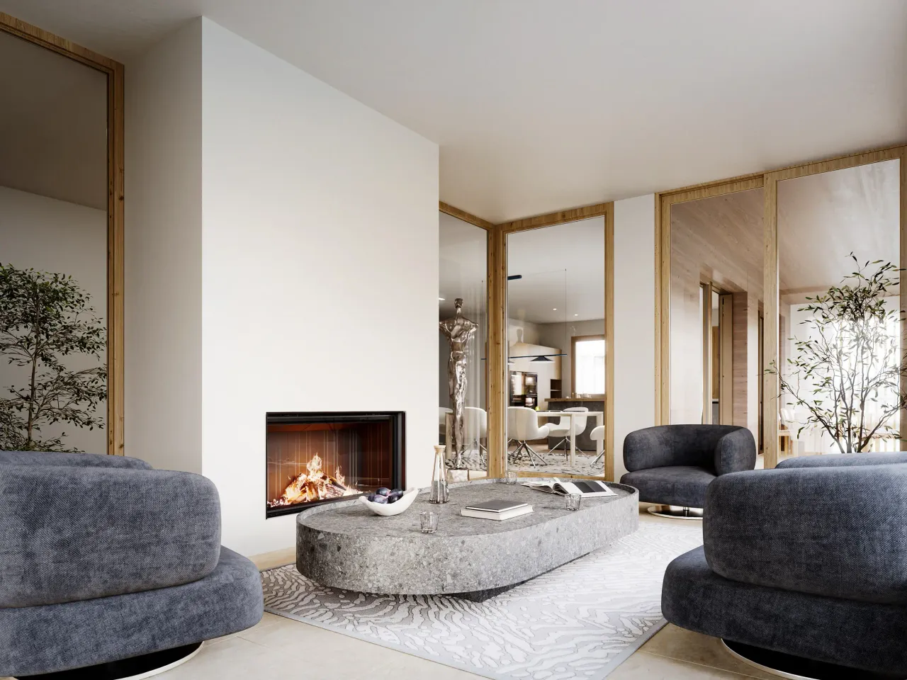Interior rendering of a living room with fireplace, blue-grey rounded armchairs, stone coffee table, timber-framed glazing and indoor trees