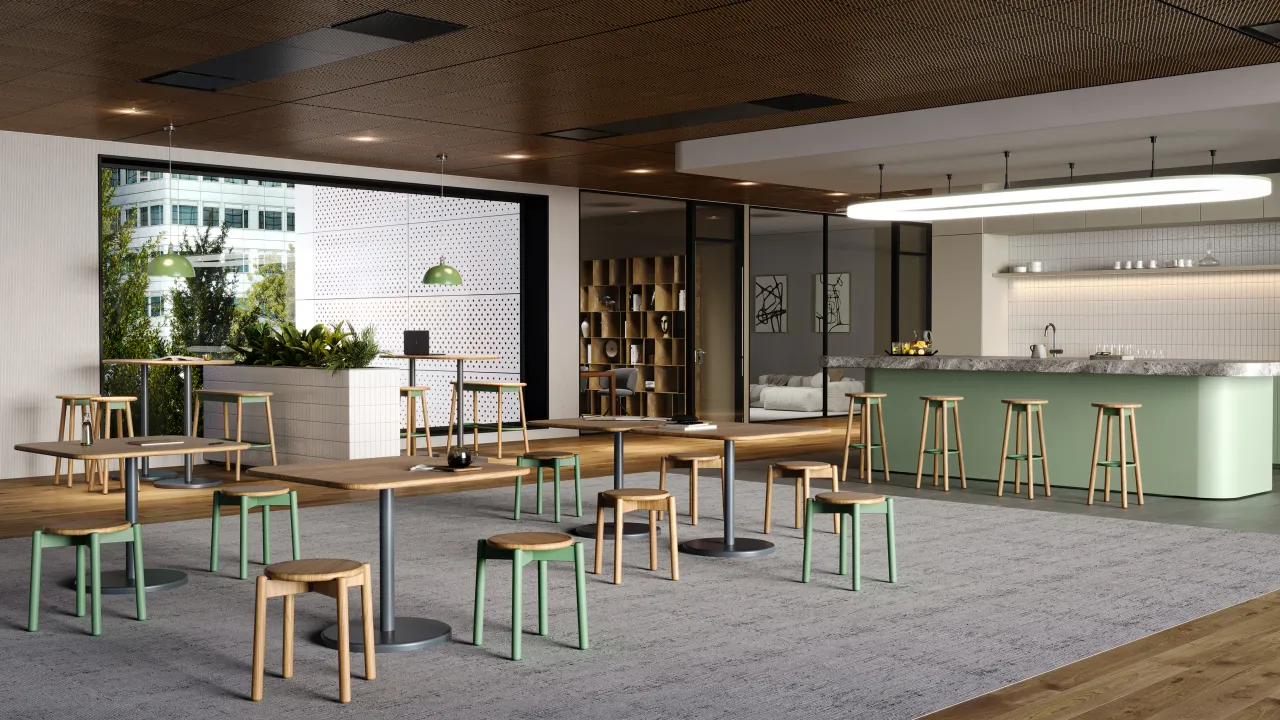 Interior rendering of a spacious office cafeteria with timber ceiling, pale green stools, high tables, green counter and large window