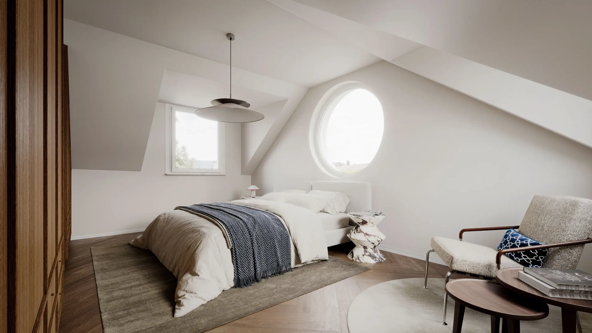 Interior rendering of an attic bedroom with round window, sloped ceiling, unmade bed, armchair and pendant lamp in soft light
