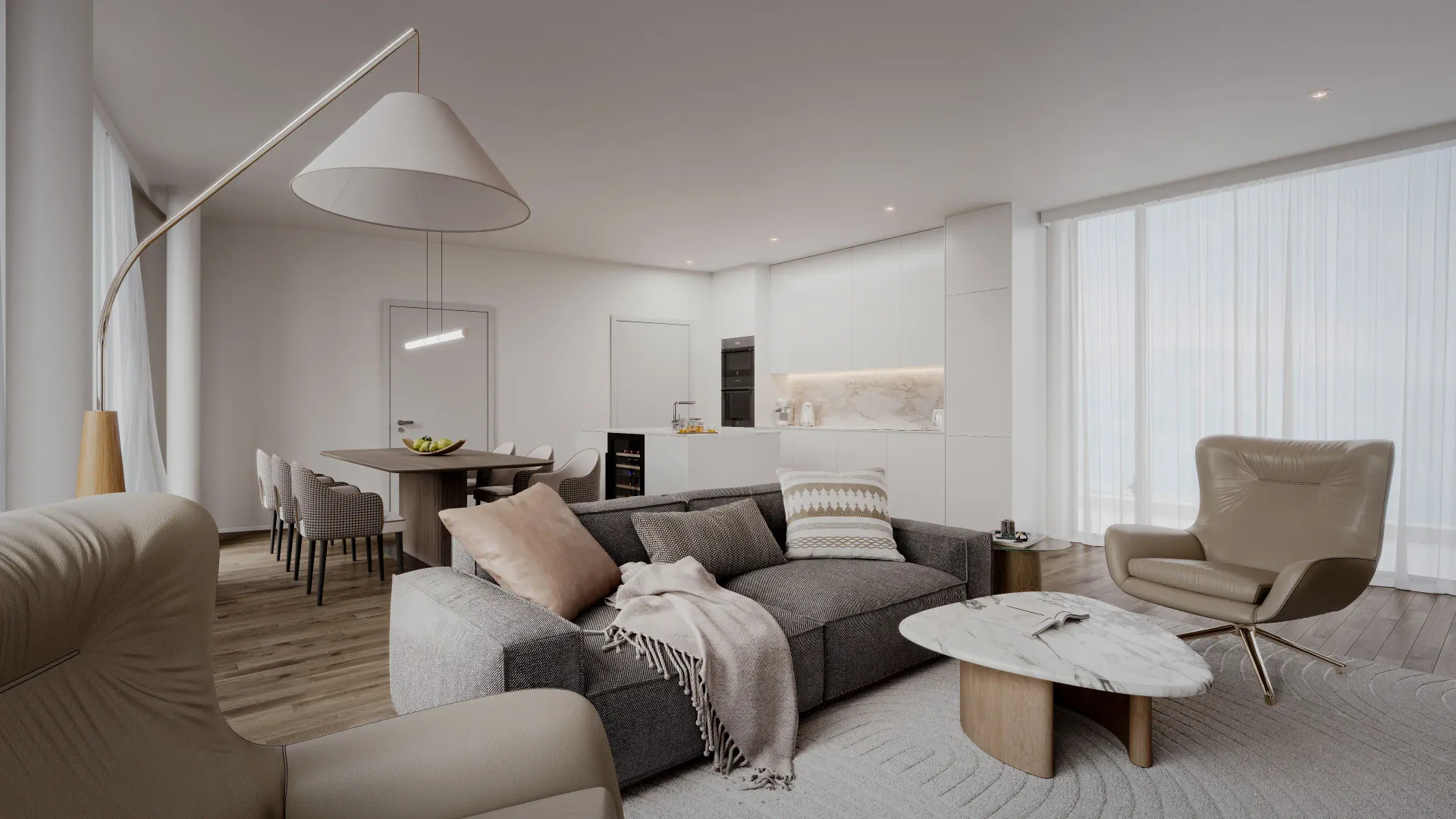 Interior rendering of a bright open living room with grey sofa, oval coffee table, beige armchair, arc floor lamp and dining area behind