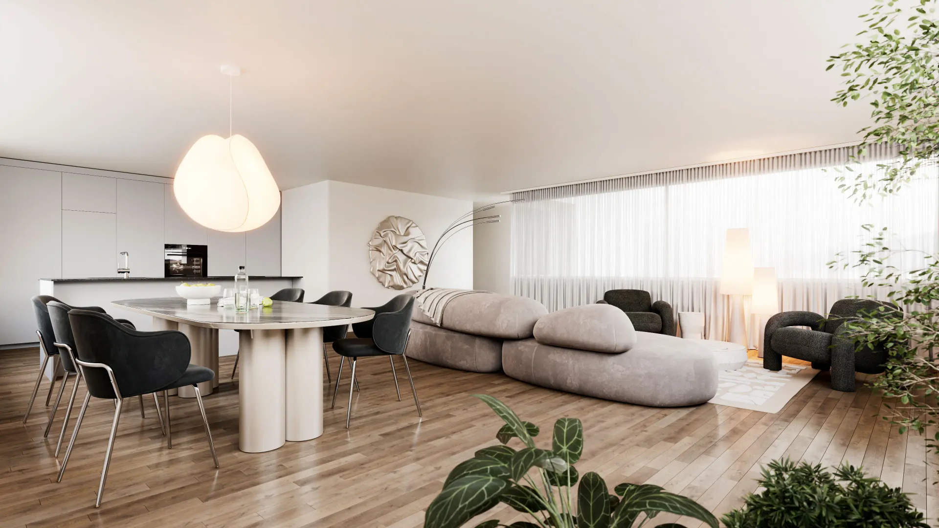 Interior rendering of a large living and dining space with oval table, black chairs, cloud-like sofa, pendant lamp and plants