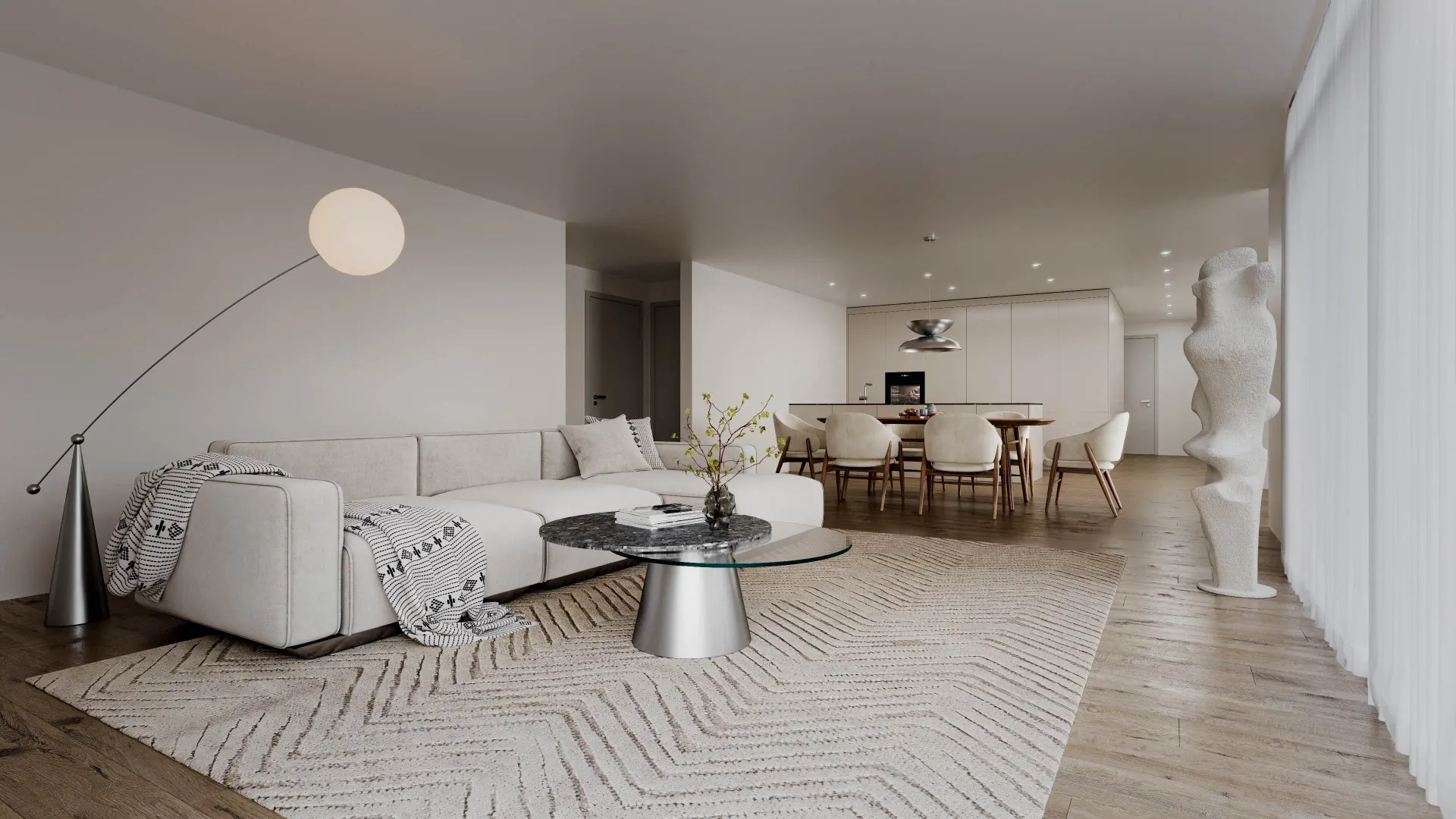 Interior rendering of a spacious living room with white corner sofa, glass coffee table, arc floor lamp, sculpture and dining area beyond