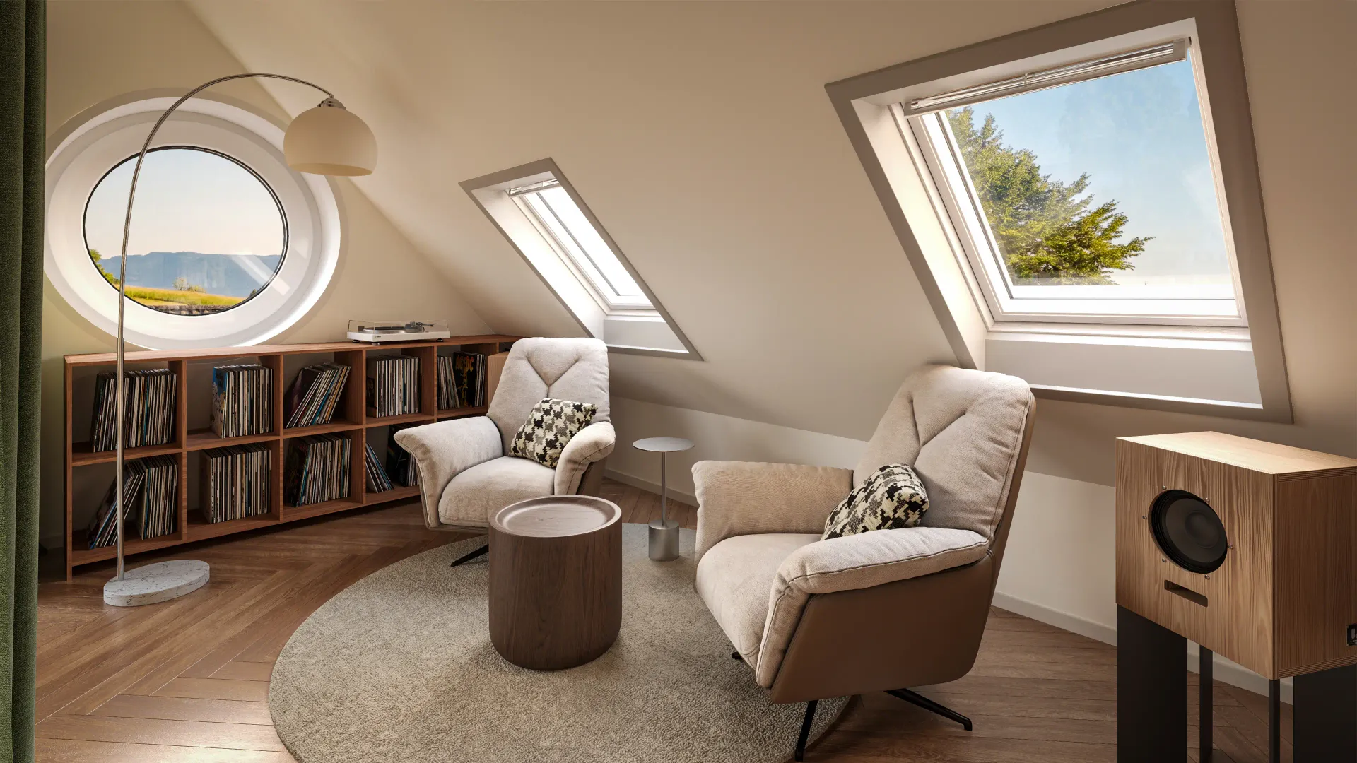 Interior rendering of an attic reading room with round window, skylights, two armchairs, record shelf and wooden loudspeaker