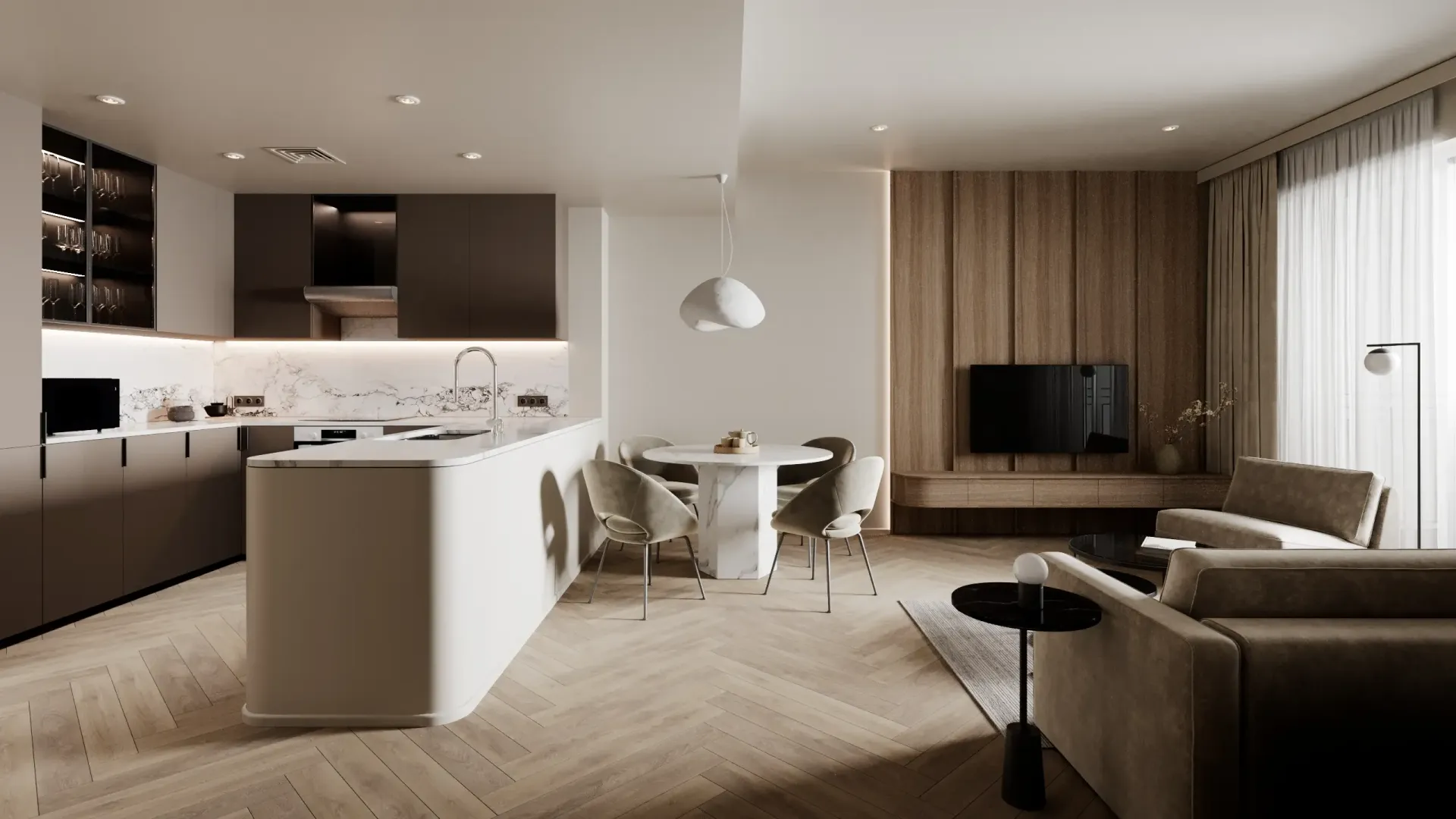 Interior rendering of an open-plan apartment with a curved white kitchen island, dark cabinetry, dining table and lounge area