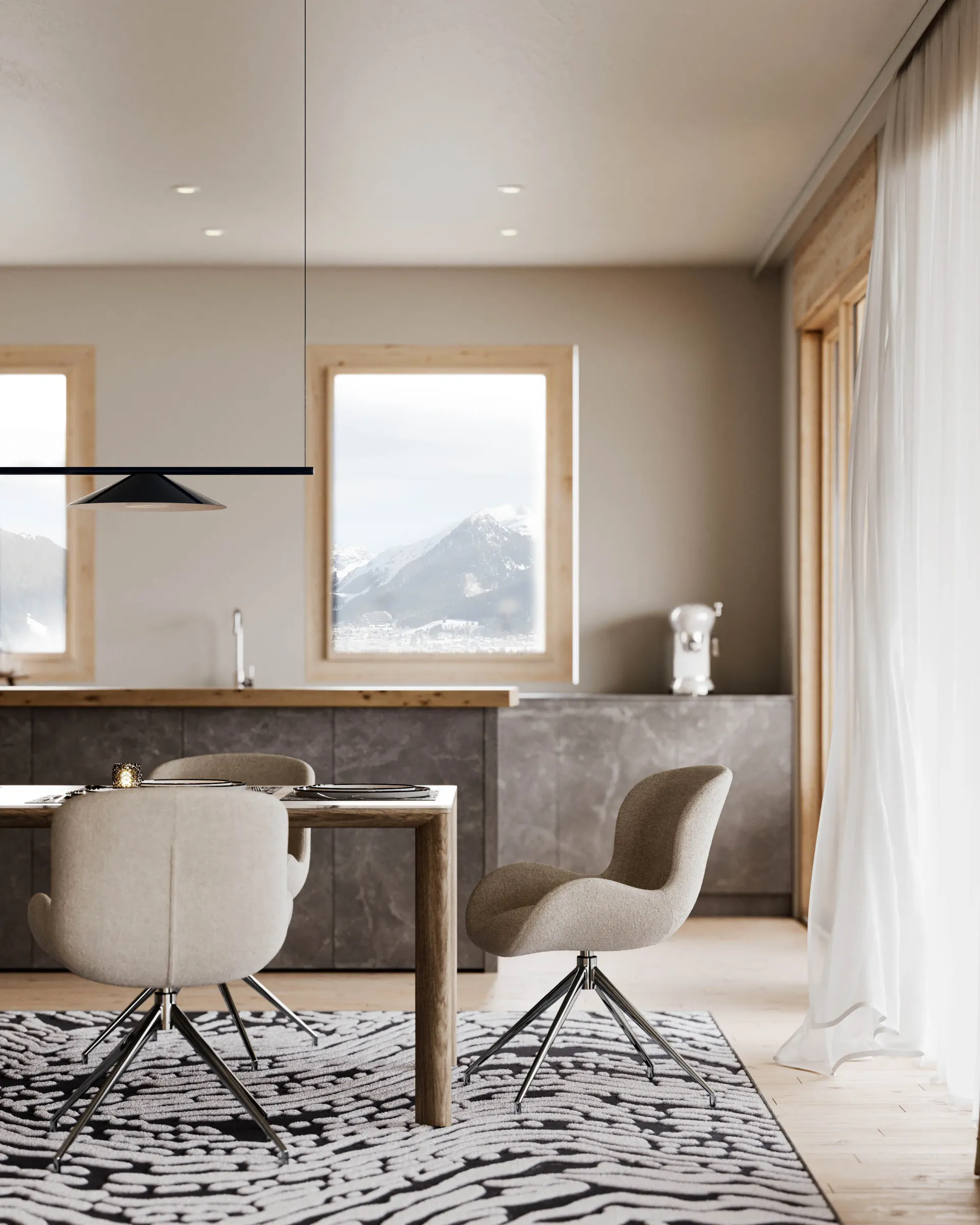 Interior rendering of a dining corner with cream swivel chairs, a stone-topped counter, timber window frames and mountain view