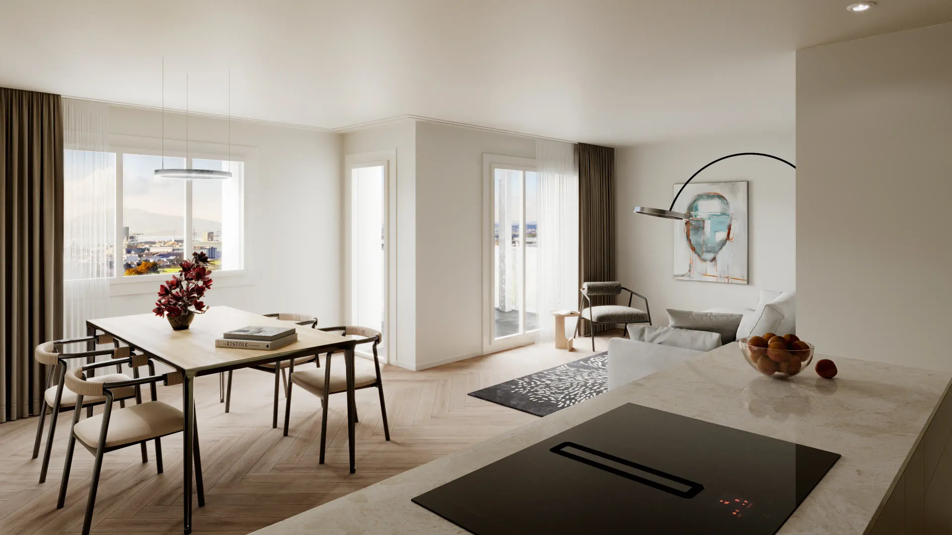 Interior rendering of an apartment dining area with a wooden table, black chairs, arc lamp, kitchen hob and windows to the outside