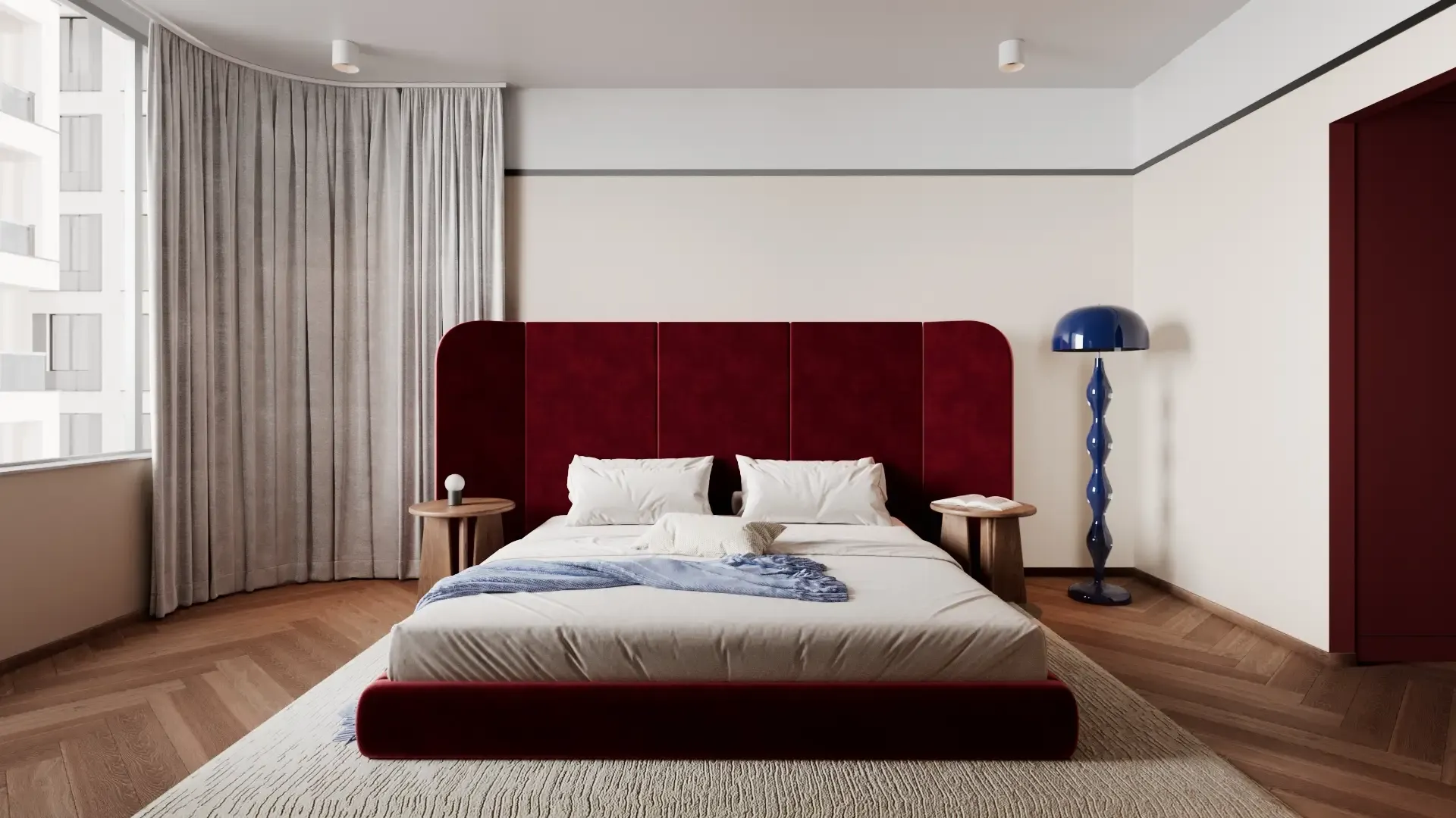 Interior rendering of a bedroom with a burgundy velvet headboard bed, curved window wall, blue floor lamp and herringbone floor