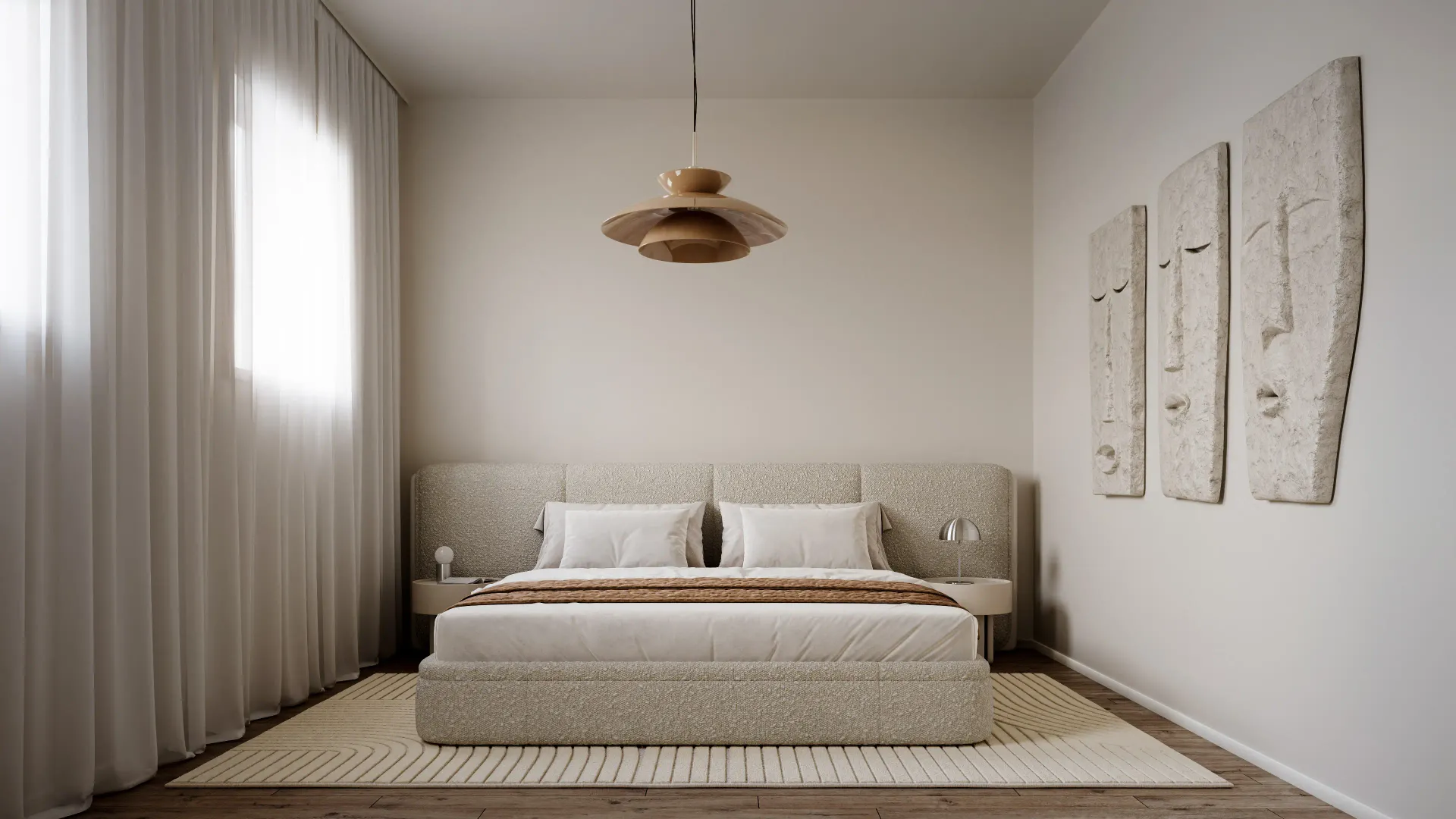 Interior rendering of a minimalist bedroom with an upholstered bed, copper pendant lamp, relief wall panels and long curtains